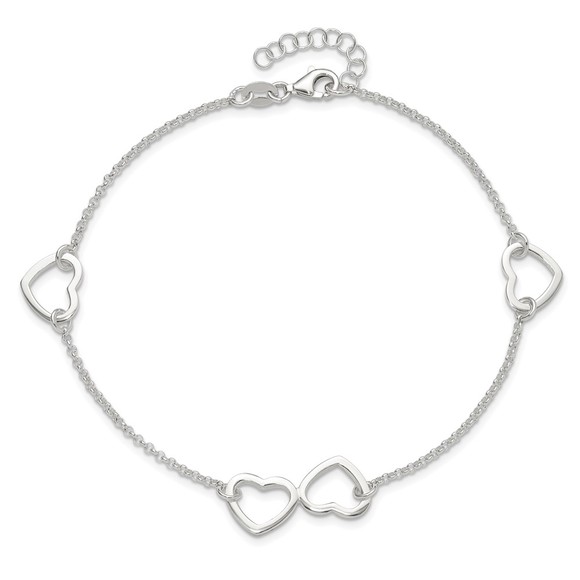 925 Sterling Silver Polished Heart Charm 9" + 1" ext. Summer Fine Jewelry Anklet - Picture 5 of 7